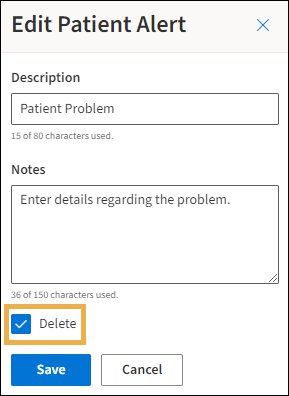 Edit Patient Alert window with a yellow highlight box around the Delete checkbox.